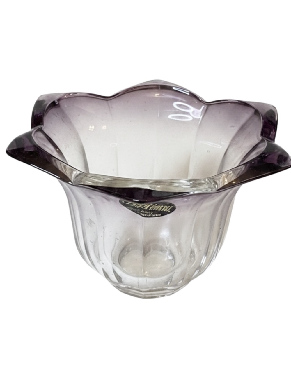 Vintage Amethyst Crystal Flower Bowl 24% lead crystal scalloped rim fluted body